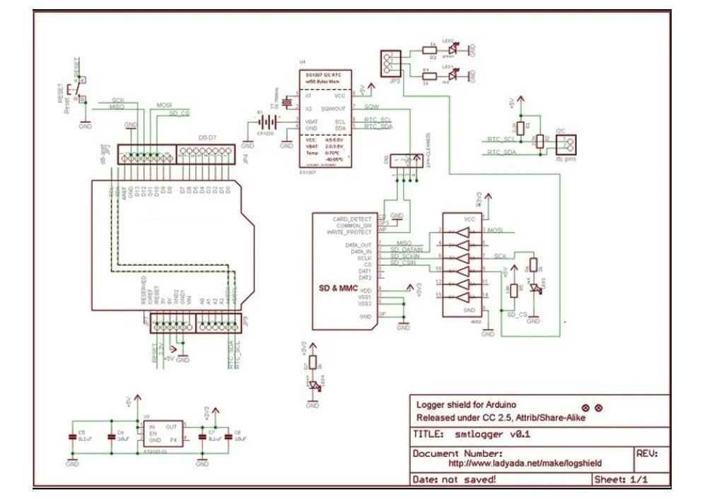 Schematic diagram of a data logger shield for Arduino with SD card interface and circuitry details.