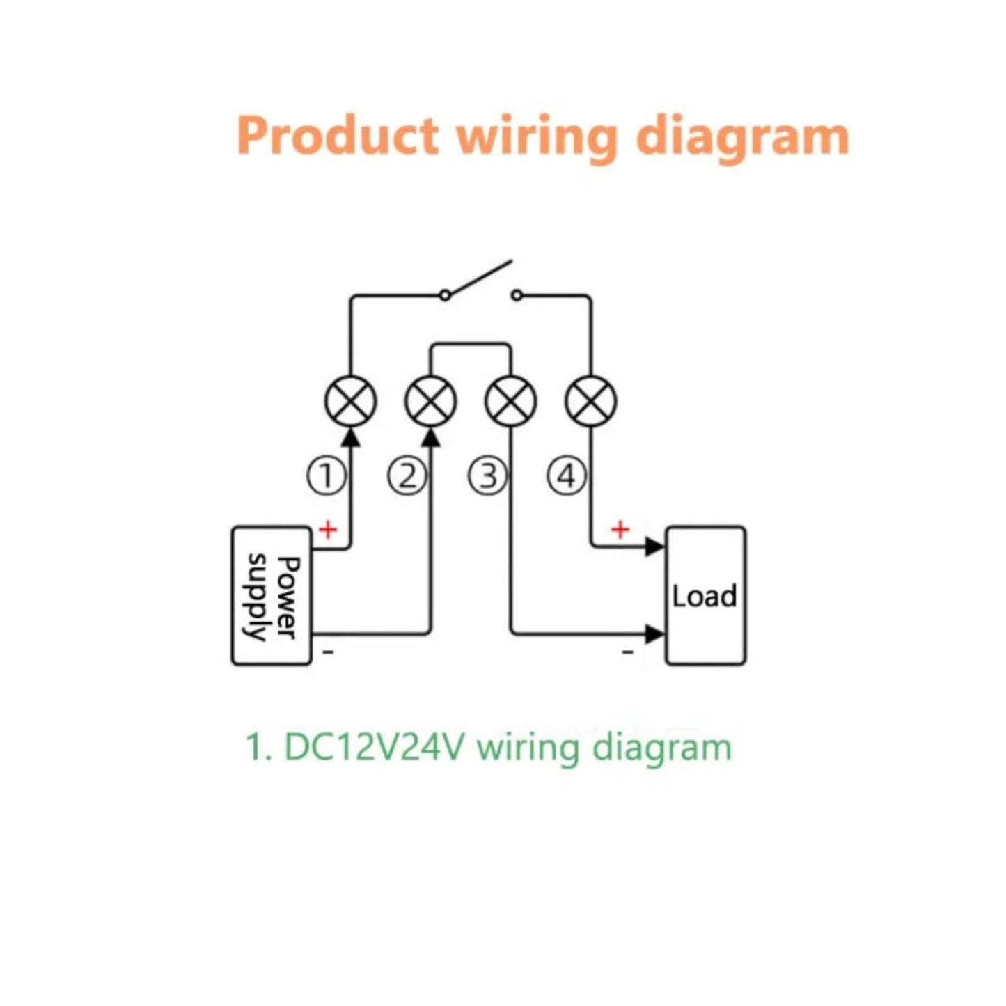 Wiring diagram for the DC 12V timer relay showing power supply and load connections.