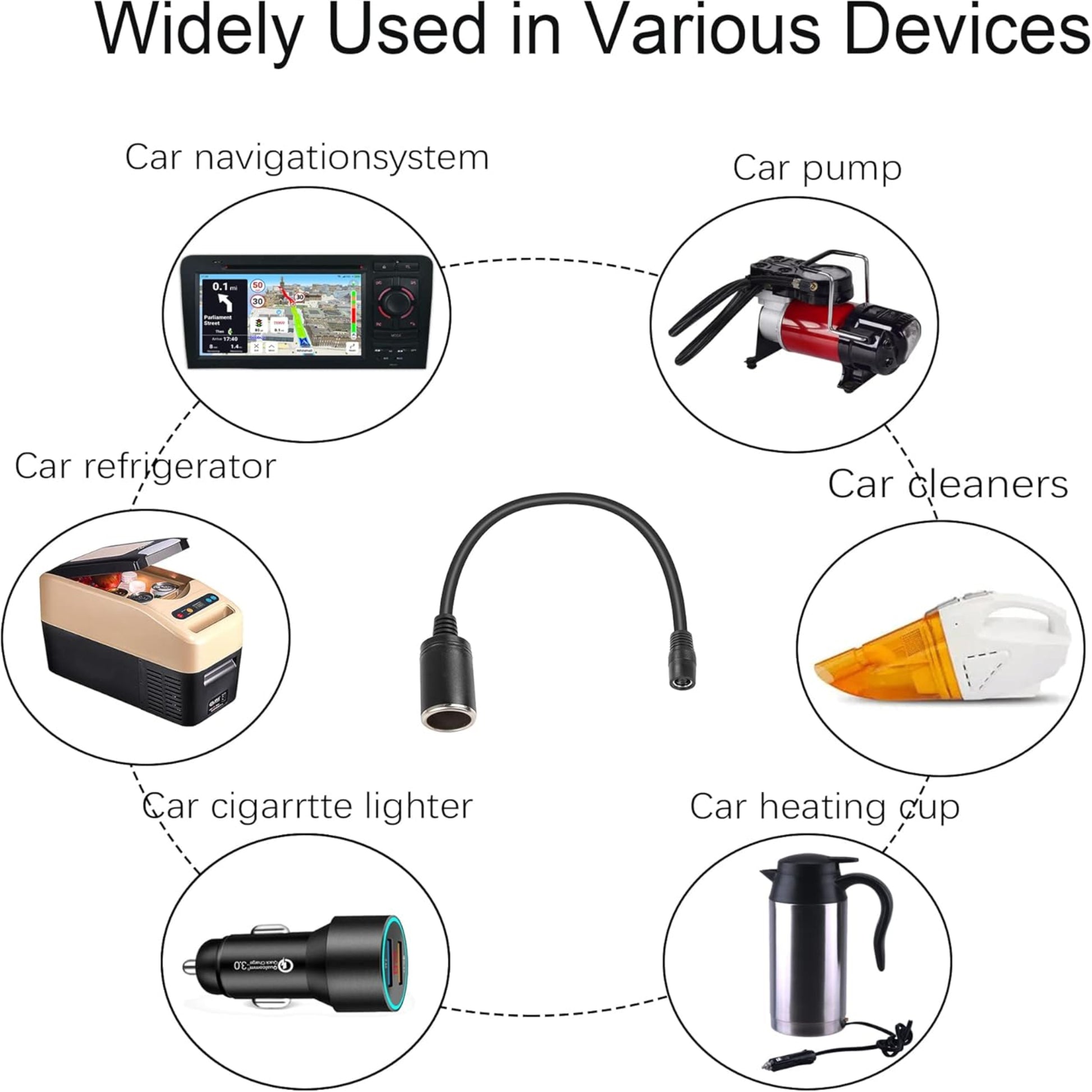 DC 5.5 x 2.1mm female to car cigarette lighter socket, used with navigation, pump, refrigerator, heaters.