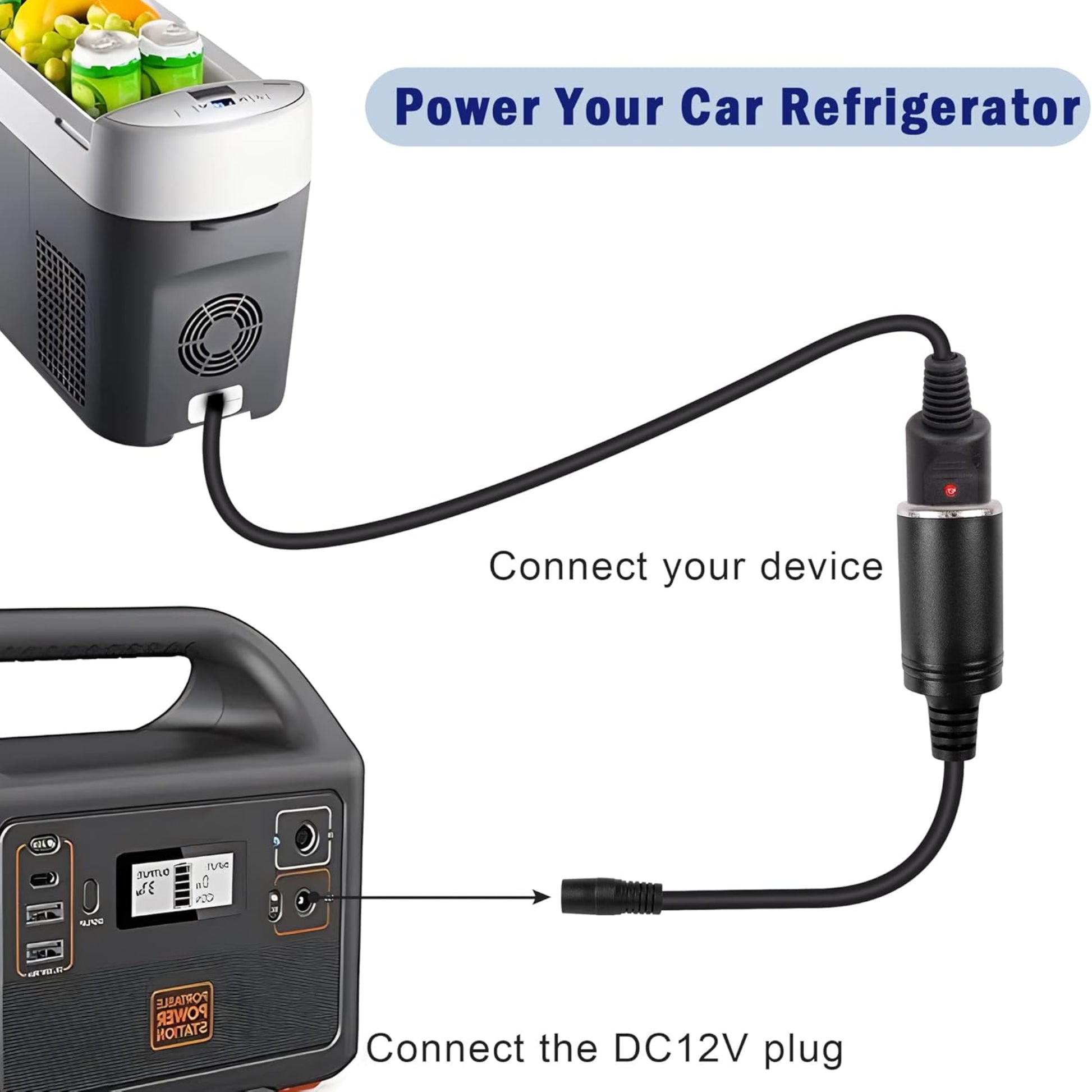 DC 5.5 x 2.1mm to car cigarette lighter adapter connecting a portable generator to a car refrigerator.