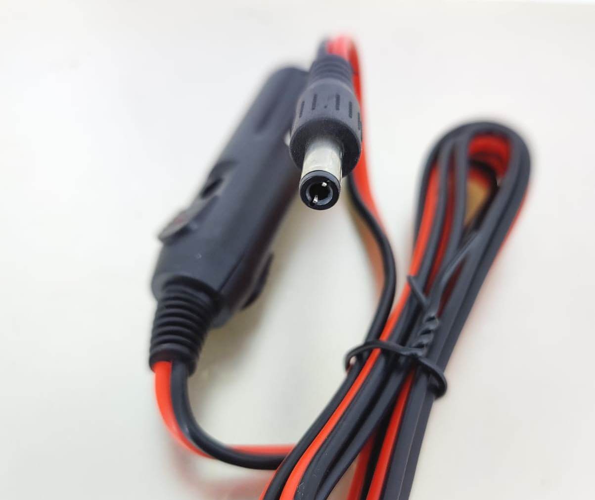 12V car cigarette lighter to DC 5.5mm x 2.1mm power cable with LED indicator and fuse protection.