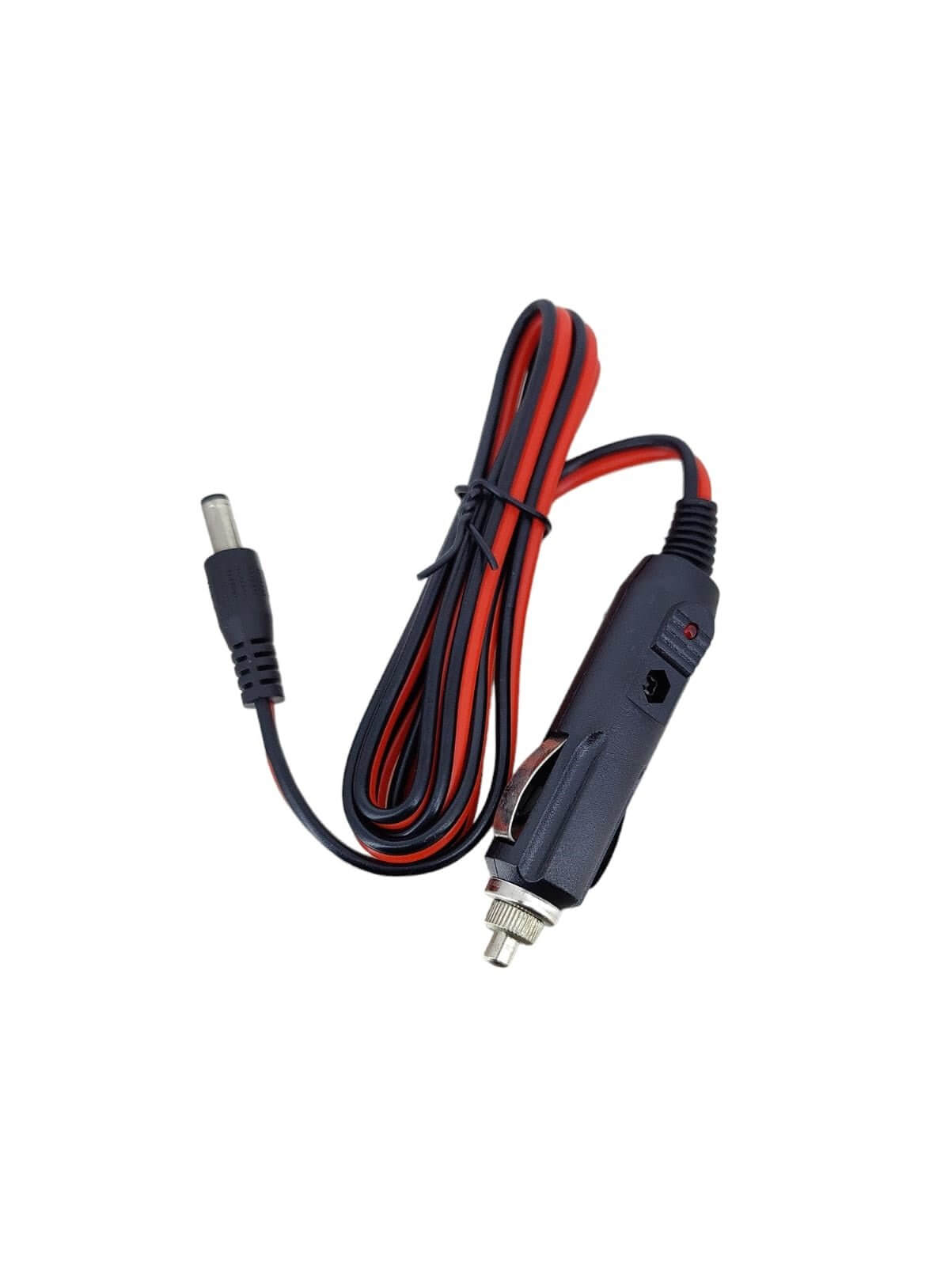 12V car cigarette lighter to DC 5.5mm x 2.1mm power cable with LED indicator and fuse protection.