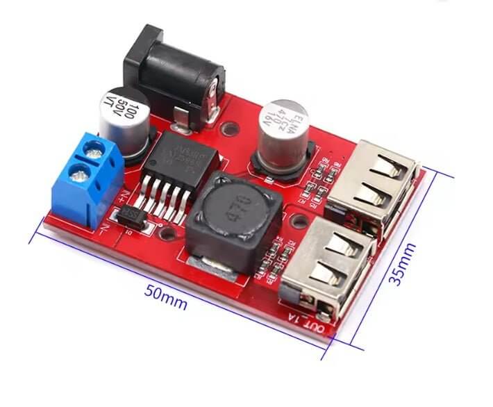 High-Efficiency DC to DC 9-36V to 5V 3A Dual USB Buck Converter Module with dimensions