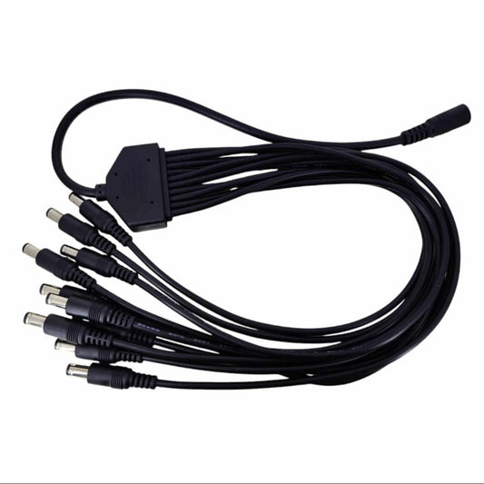 DC power cable splitter with multiple male plugs for LED strip and CCTV camera connections.