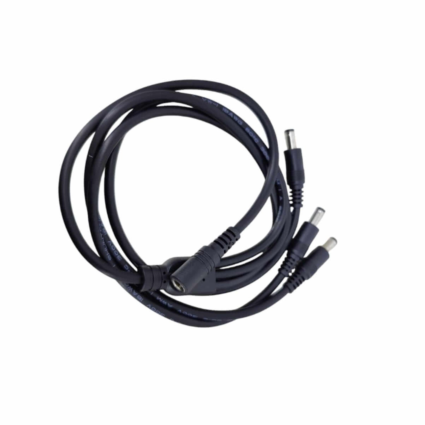 DC Power Cable Splitter 5.5mm x 2.1mm with one female plug and multiple male plugs for LED strips and CCTV cameras.