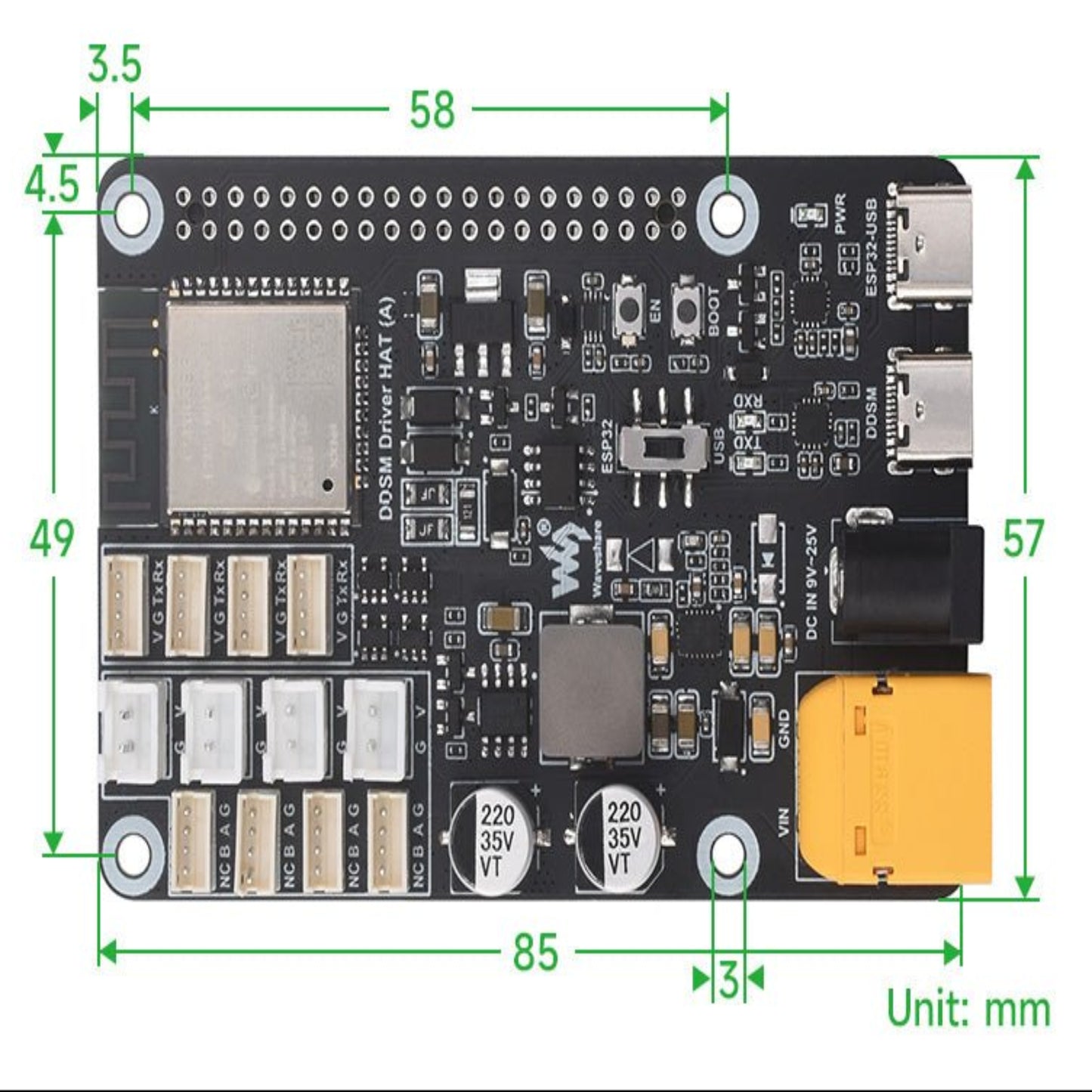 Raspberry Pi Direct Drive Servo Motor Driver Board with integrated ESP32, dimensions, and motor interfaces.