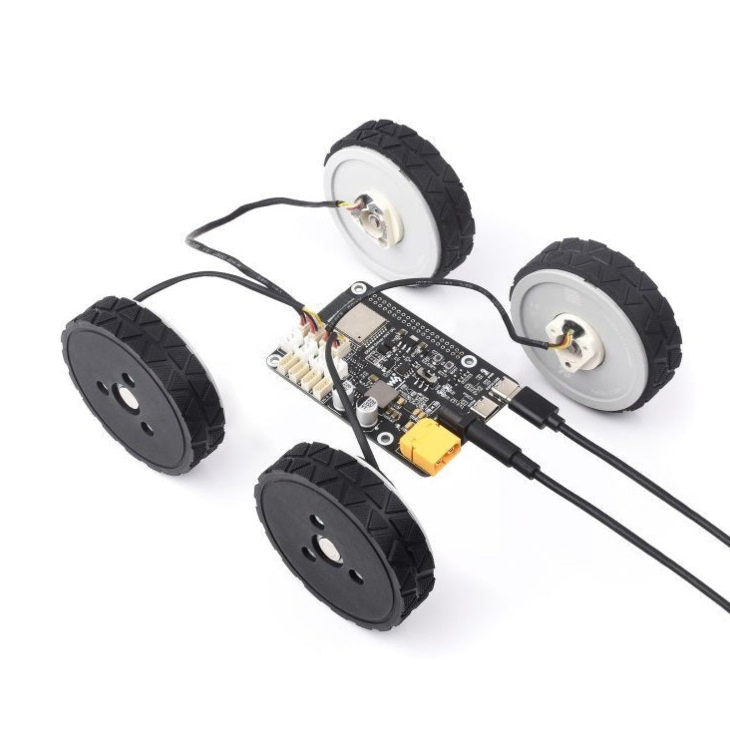 Raspberry Pi Direct Drive Servo Motor Driver Board with four wheels connected, designed for DDSM series hub motors.