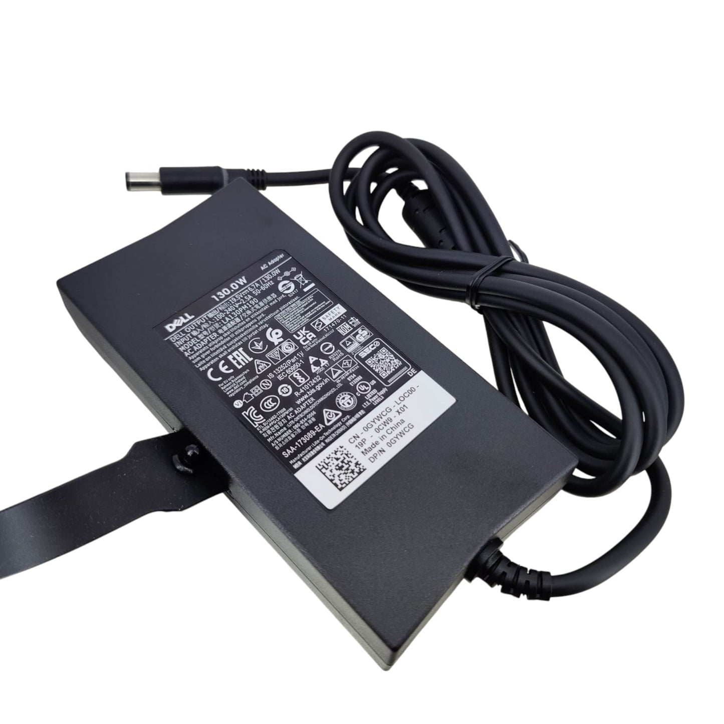 Close-up of the specification label on a Dell 130W AC adapter, showing model number G0YWC0 and 19.5V 6.7A output.