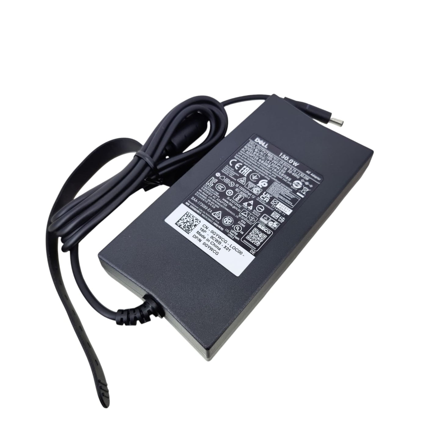 Full view of a Dell 130W laptop charger with its cable neatly wrapped by a rubber strap.