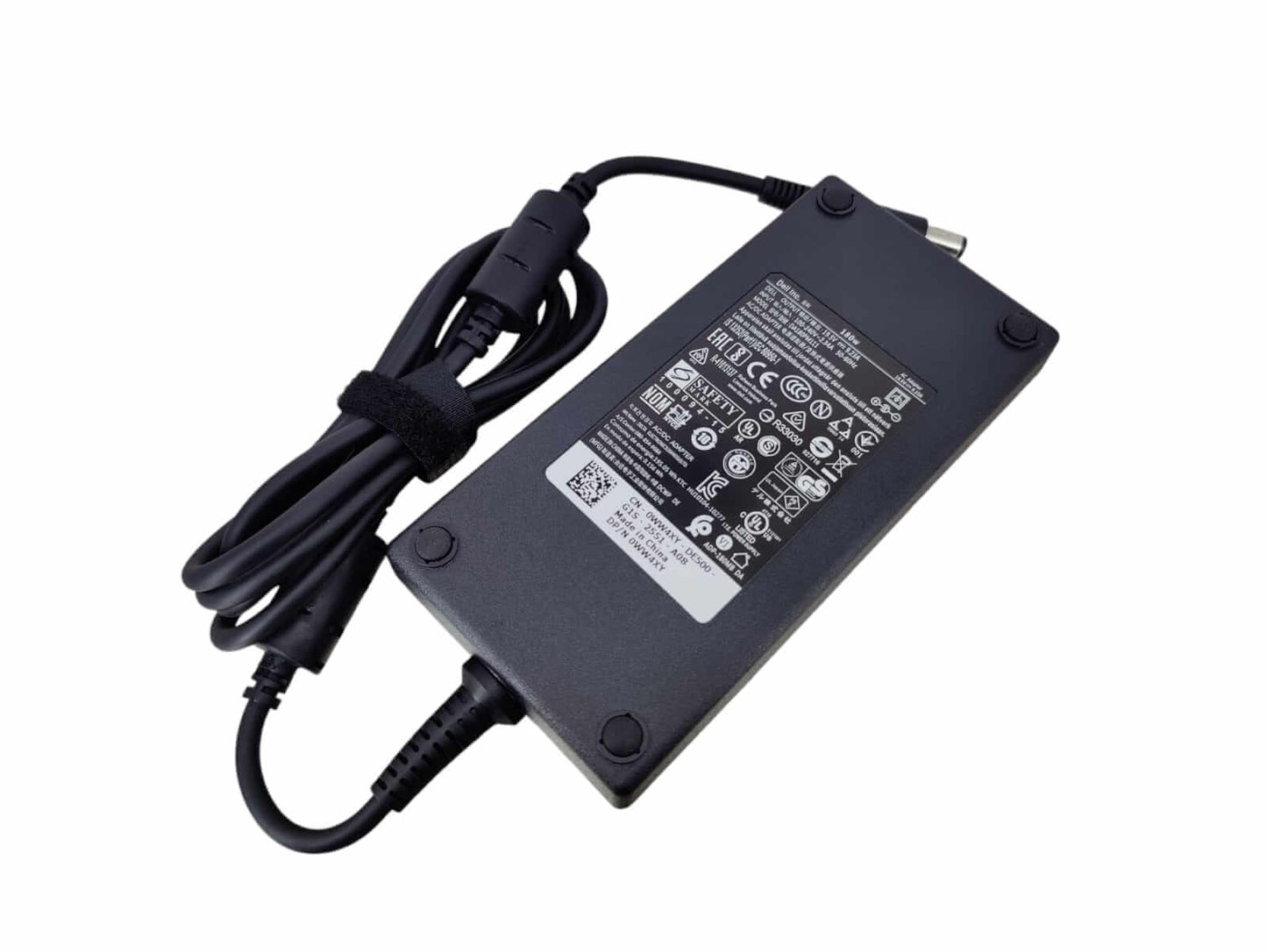 DELL 180W laptop charger with specifications and power cable, suitable for various DELL laptop models.