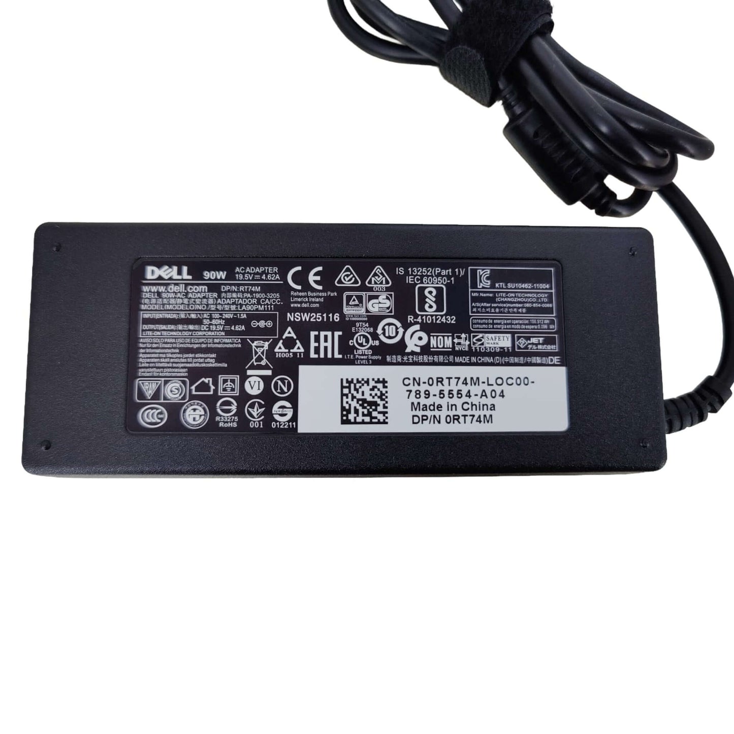 Dell 90W AC adapter (19.5V, 4.62A) with clear view of specifications label and model number.