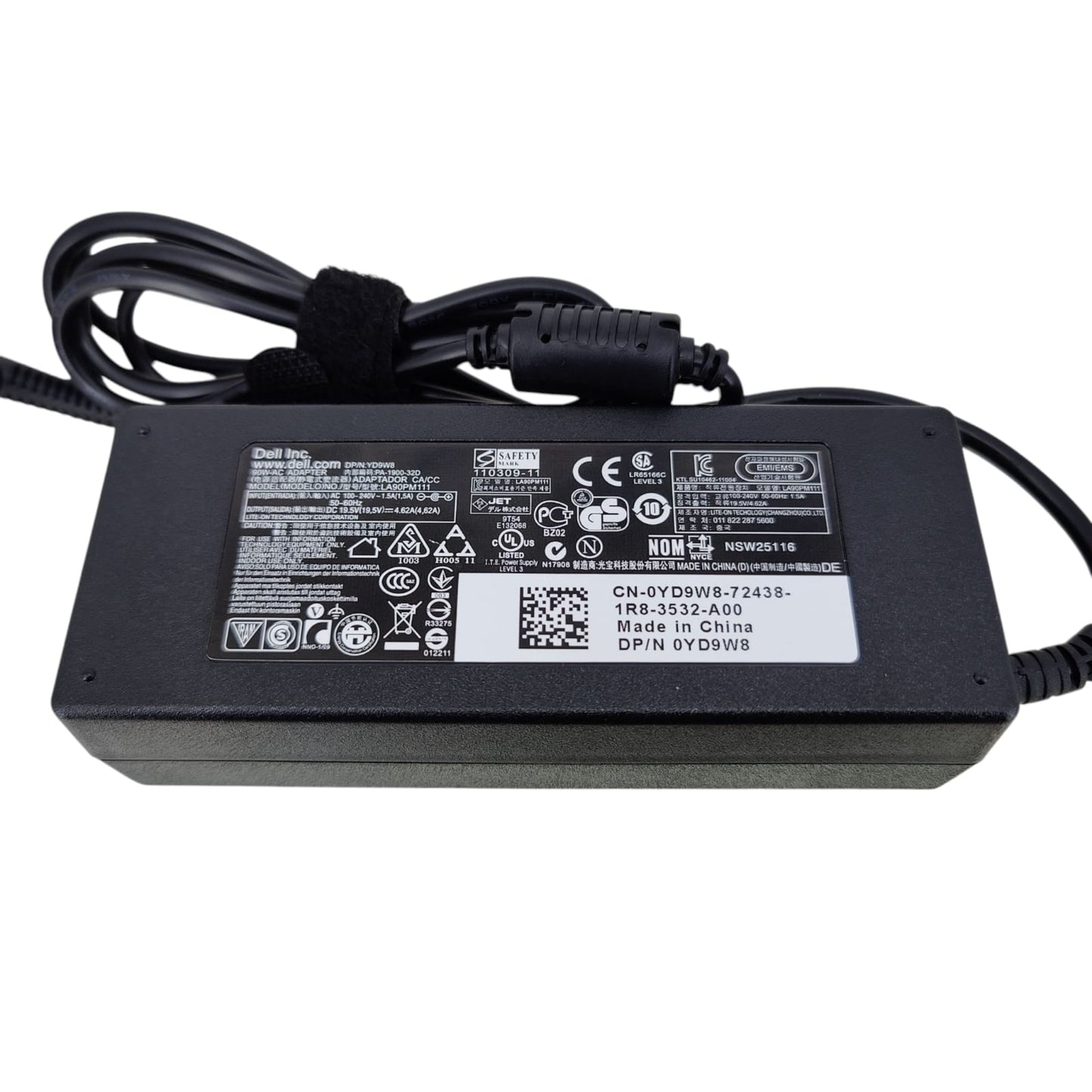 Top view of the Dell laptop power adapter showing the specifications label, model information, and DP/N 0YD9W8.