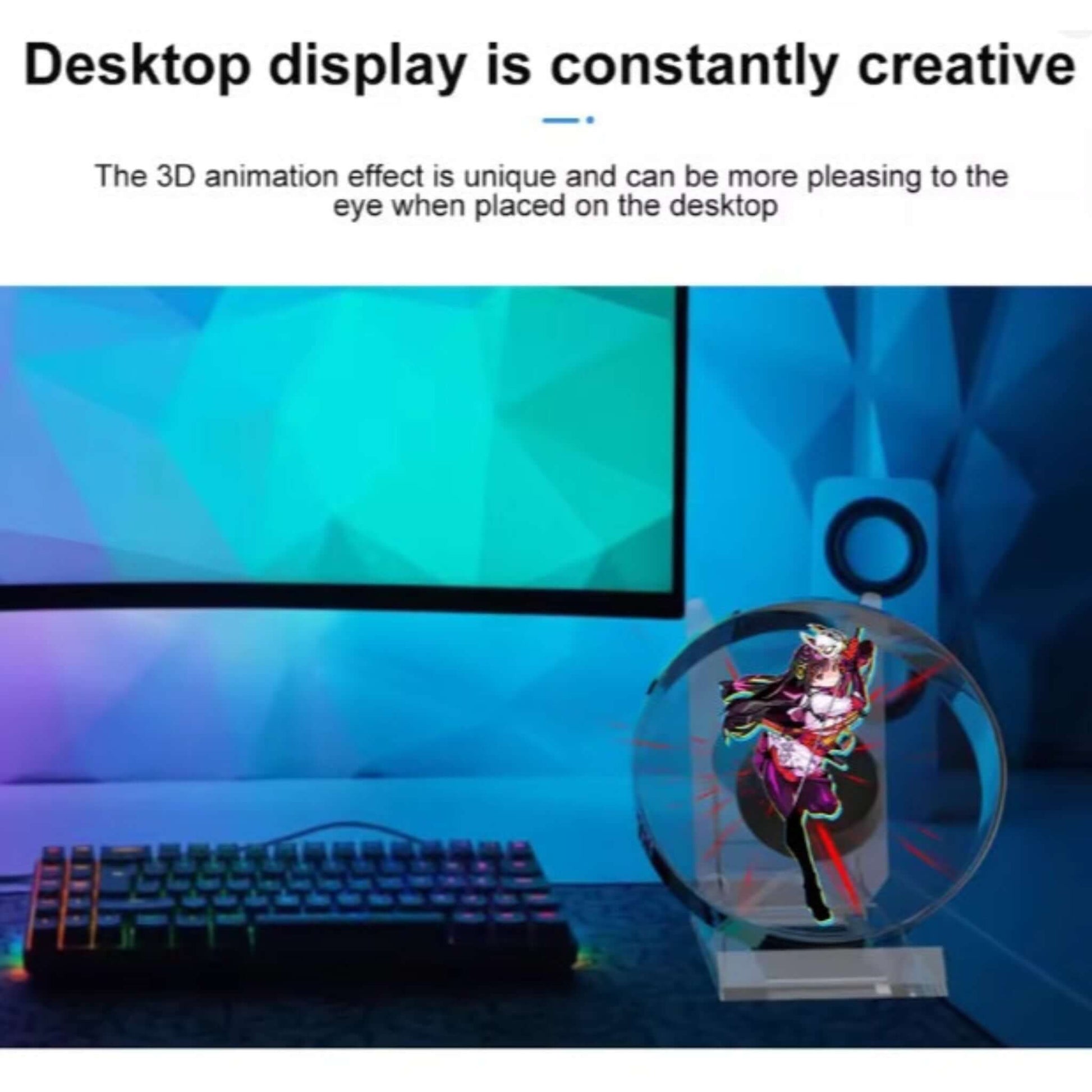 3D hologram fan on a desk with a monitor, displaying a 3D animated character, perfect for creative desktop displays.