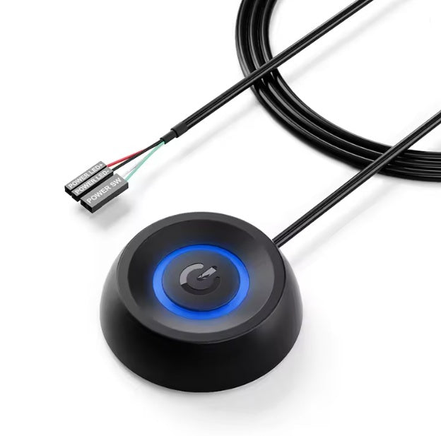 desktop PC power button with blue LED light black