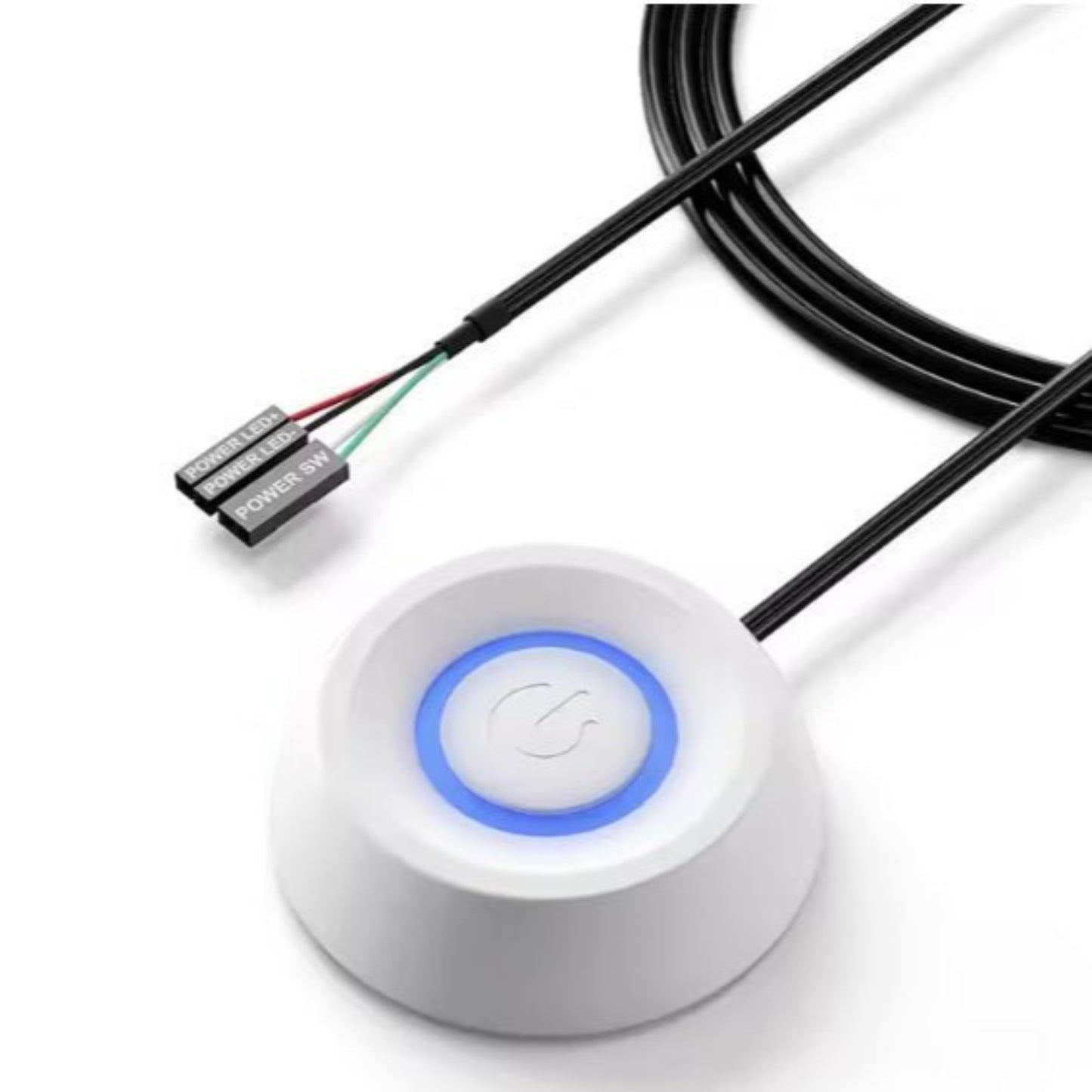 Desktop PC power button with blue LED light and 1.8M extension cable for easy accessibility.