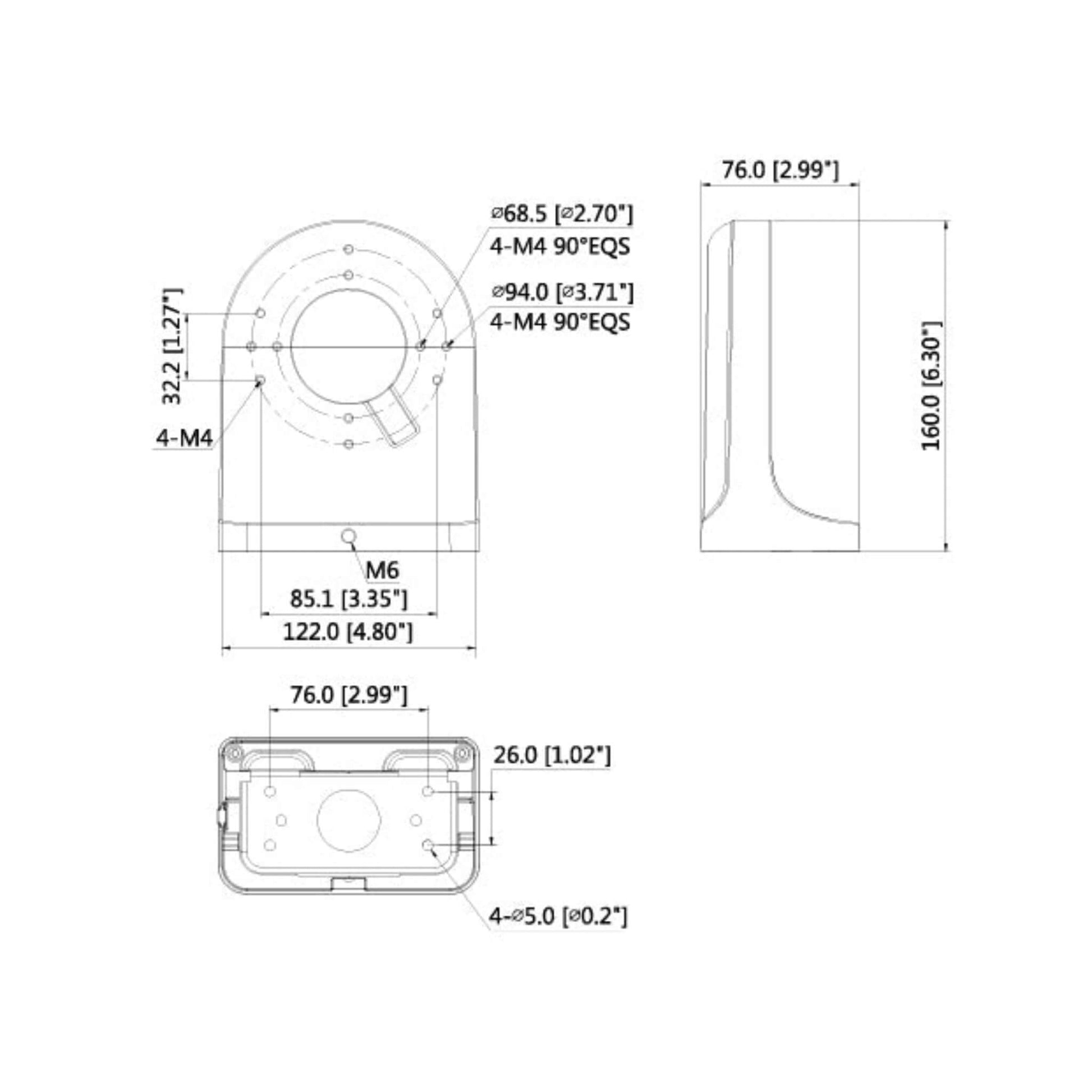 Technical drawing with dimensions for the DH-PFB204W water-proof wall mount bracket, showing precise measurements.