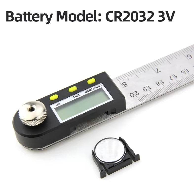 Digital angle ruler with LCD display and CR2032 battery for precise angle measurement.