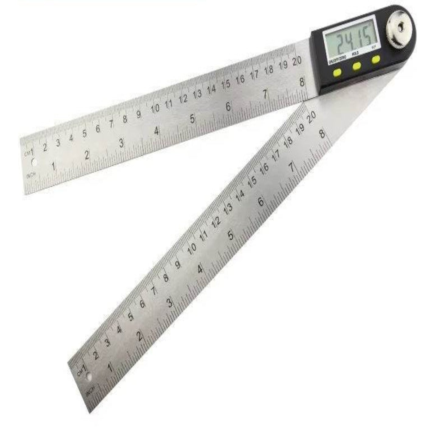 Digital angle ruler with LCD display showing 24.15°, stainless steel for precise angle measurement in various projects.
