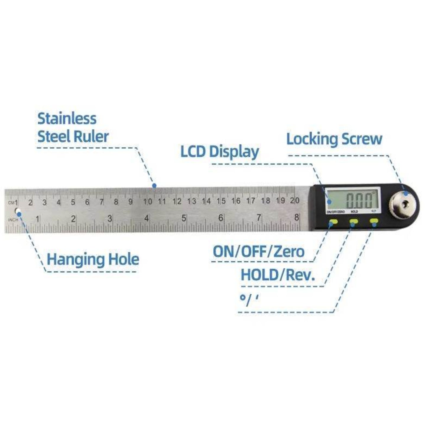 Digital angle ruler showing stainless steel body, LCD display, locking screw, and measurement features.