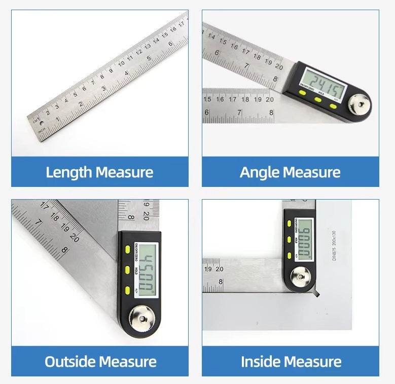 Digital angle ruler features for length, angle, outside, and inside measurements with LCD display.