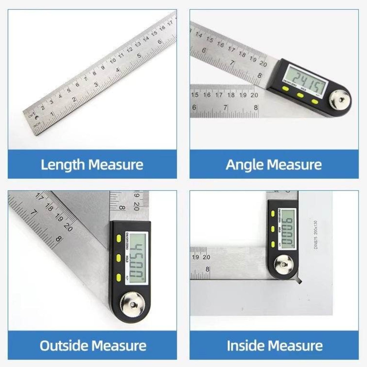 Digital angle ruler features for length, angle, outside, and inside measurements with LCD display.