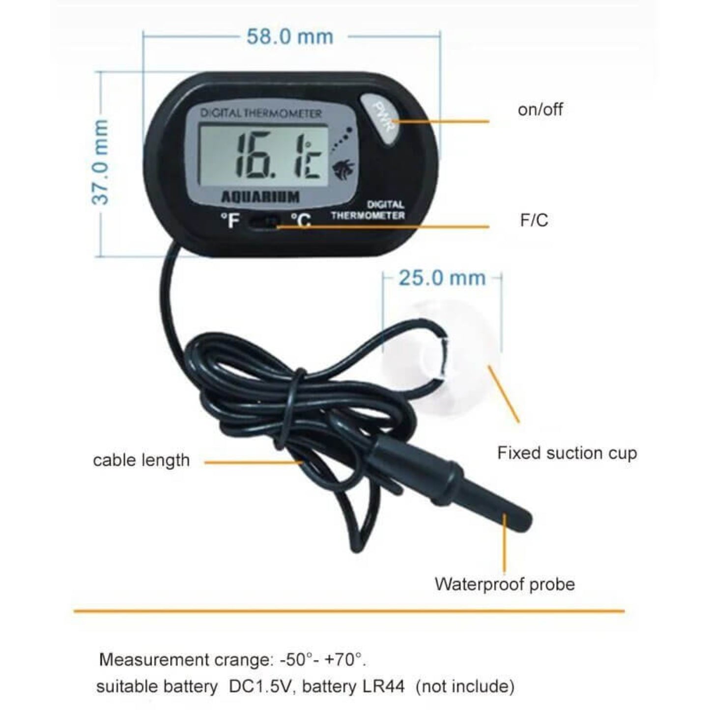 Digital fish tank thermometer with dimensions and parts labeled: probe, suction cup, on/off, and F/C switch.