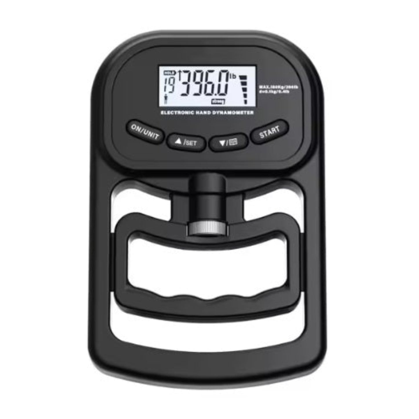 Digital hand dynamometer displaying 396 lbs measurement. Black, ergonomic grip tester with LCD screen for strength training.