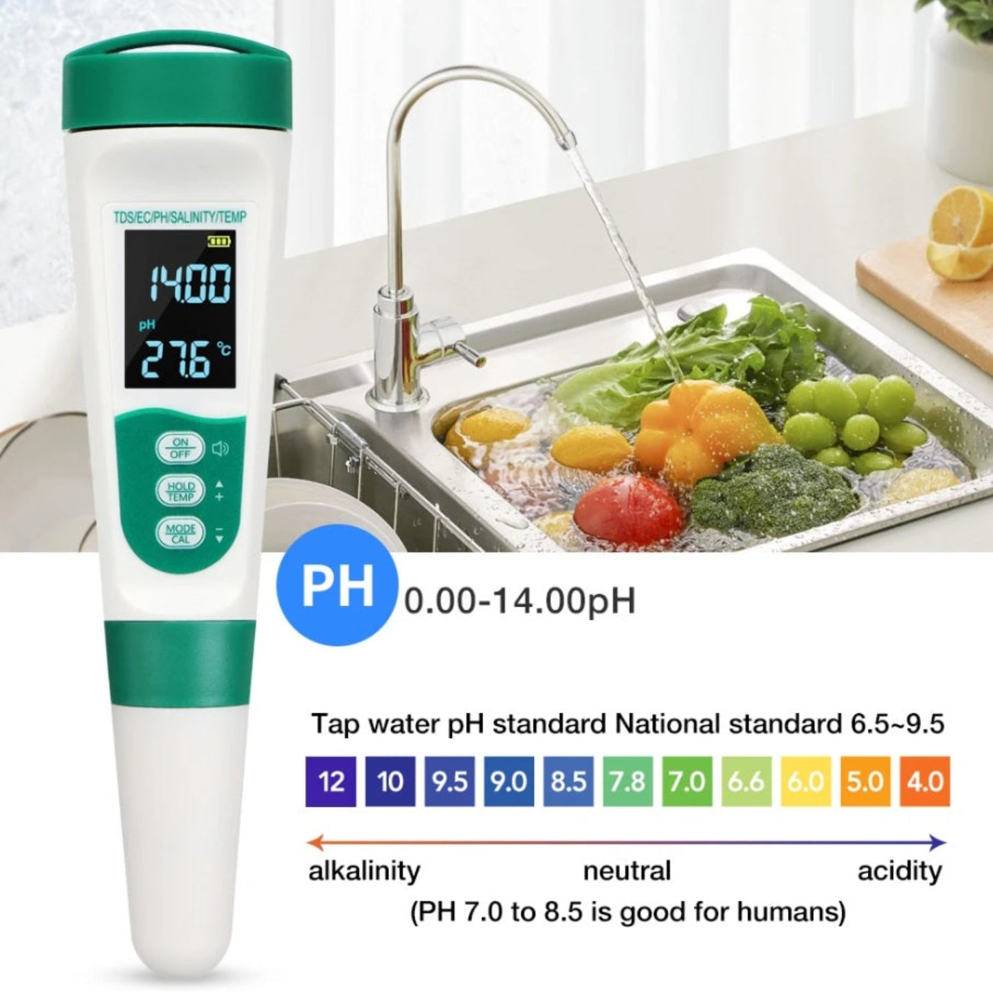 The water tester measuring pH levels in a glass, with a pH scale showing acidity and alkalinity for tap water.