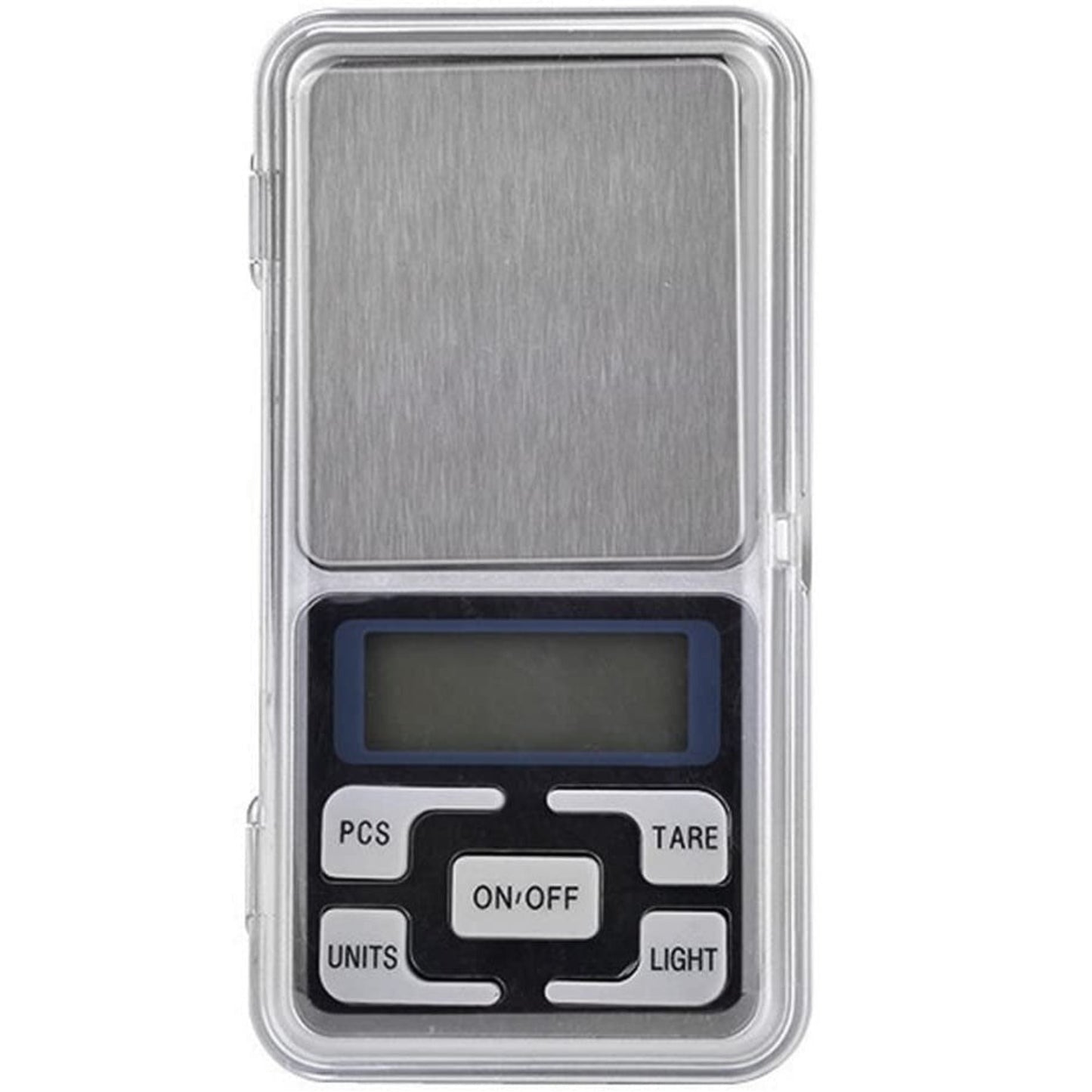 Top-down view of the digital pocket scale with its protective lid open, displaying the stainless steel platform and control buttons.