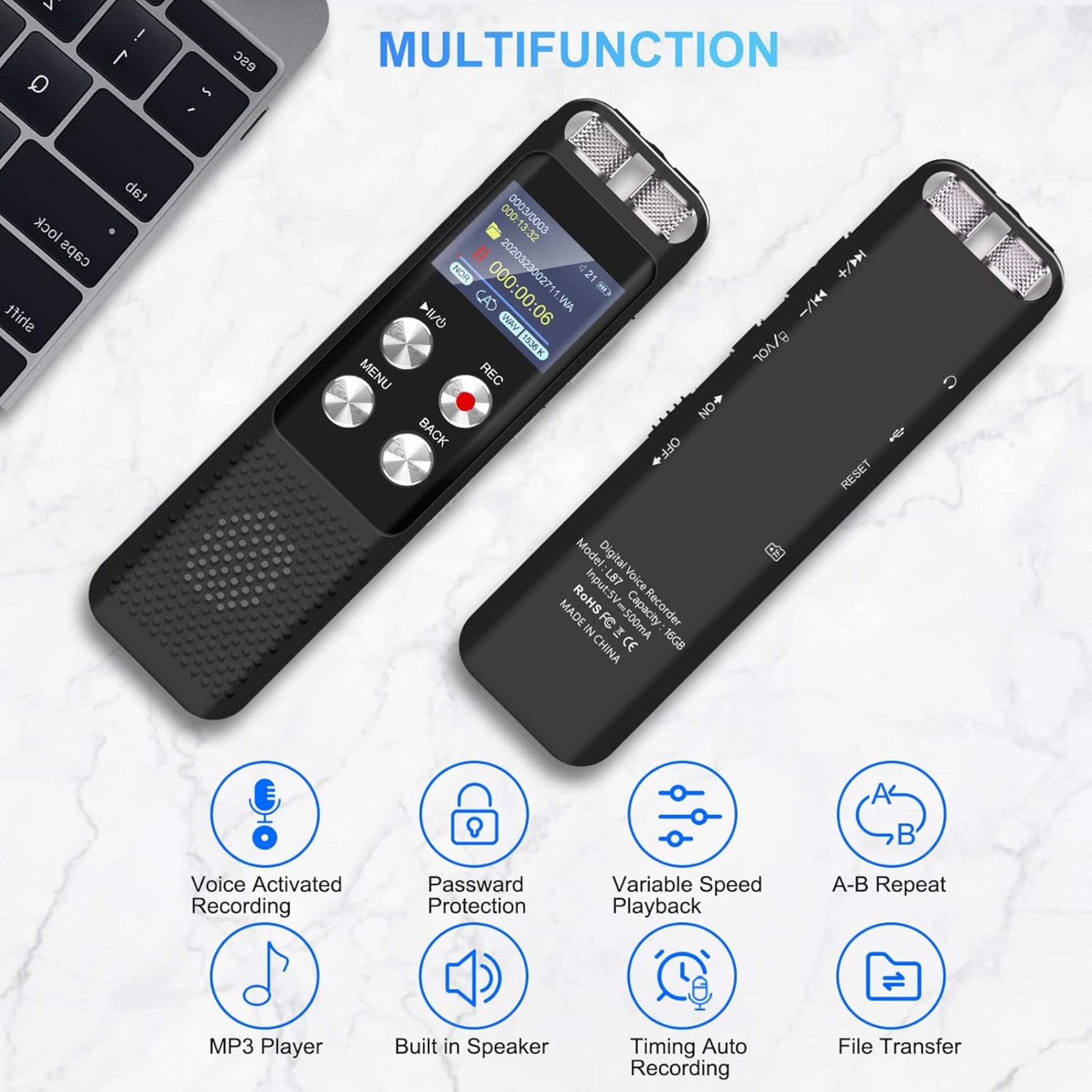 8GB digital voice recorder with playback, voice activated recording, multifunctional design and user-friendly buttons.