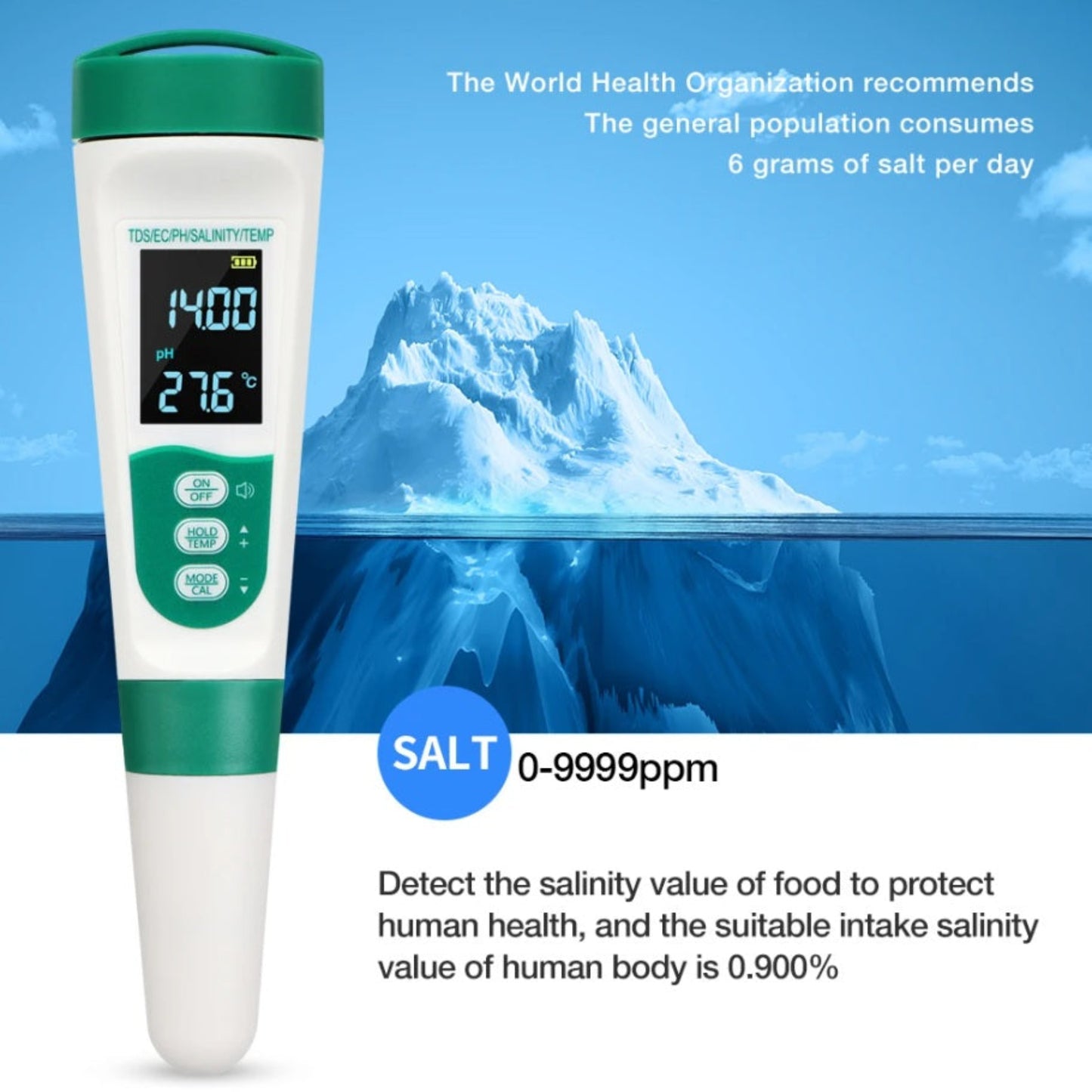 The water tester displaying a salinity reading, with text about recommended daily salt intake for human health.