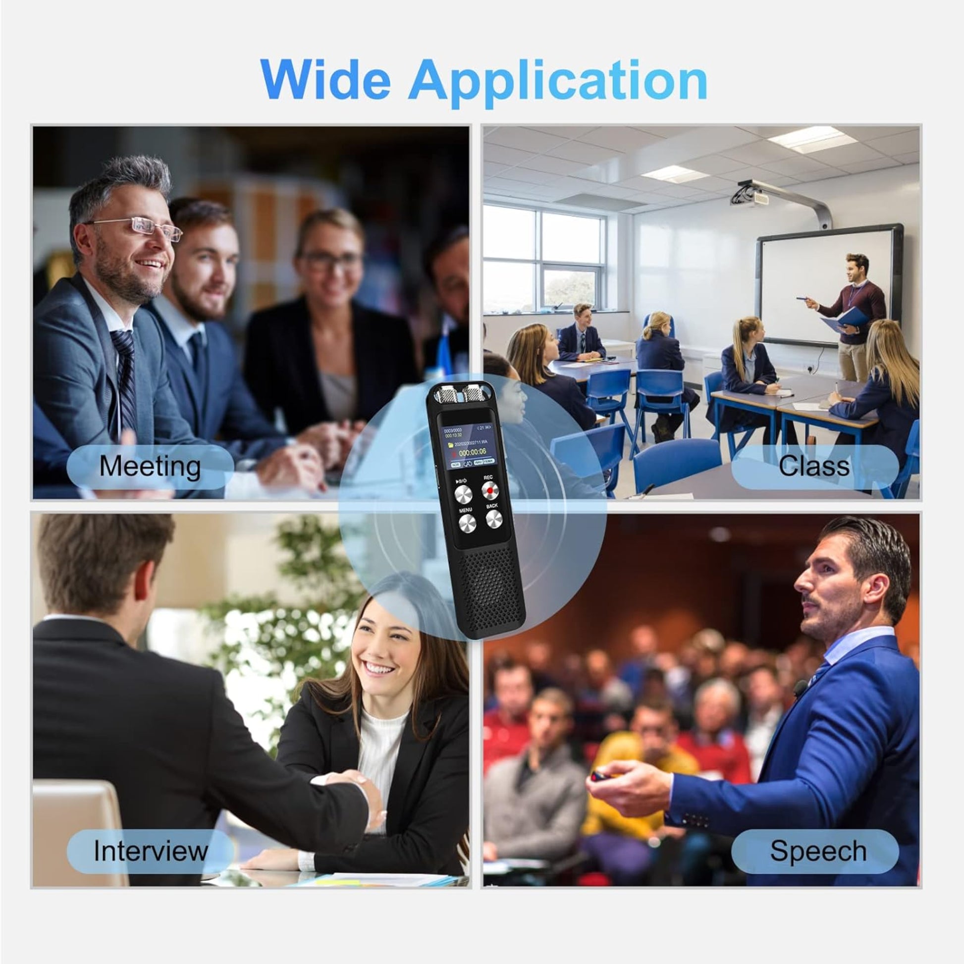 Wide application of 8GB digital voice recorder in meetings, classes, interviews, and speeches.