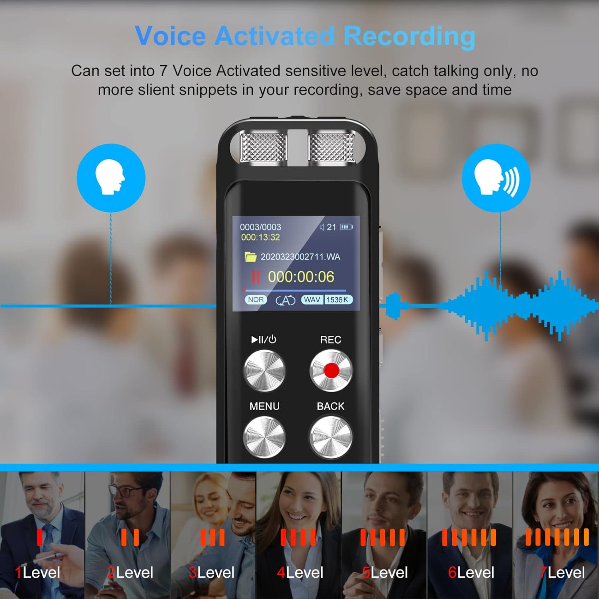 8GB digital voice recorder with voice activation settings, ideal for lectures and meetings, showcasing user-friendly interface.