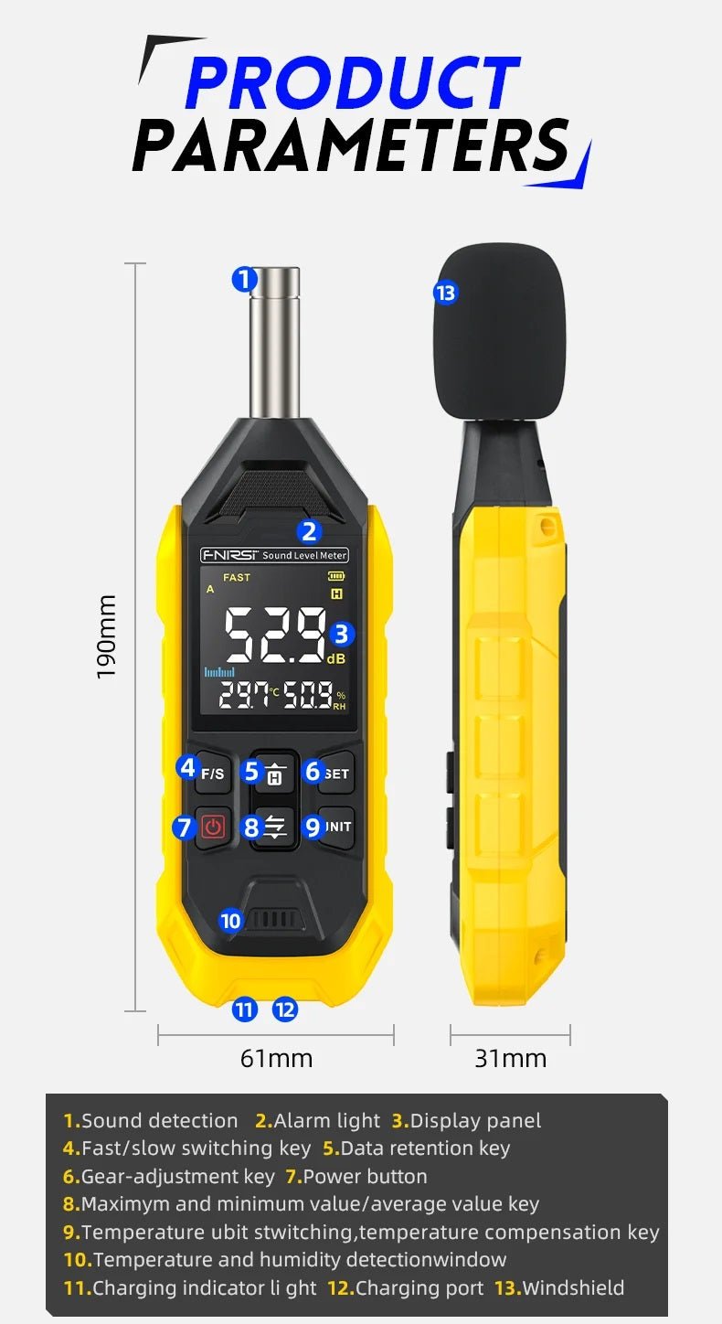 FNIRSI High-Precision Digital Noise Decibel Meter showing product parameters and features for sound detection.