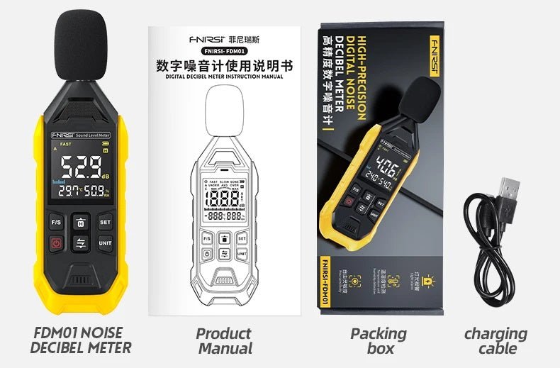 FNIRSI FDM01 Noise Decibel Meter with manual, packing box, and charging cable for accurate sound measurements.