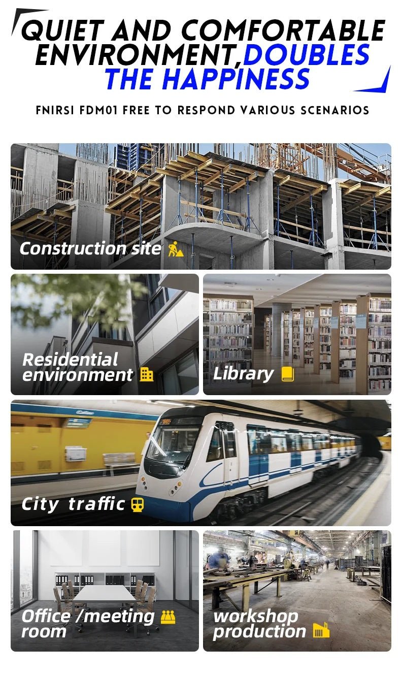 FNIRSI FDM01 noise meter in various environments: construction site, residential, library, city traffic, office, workshop.