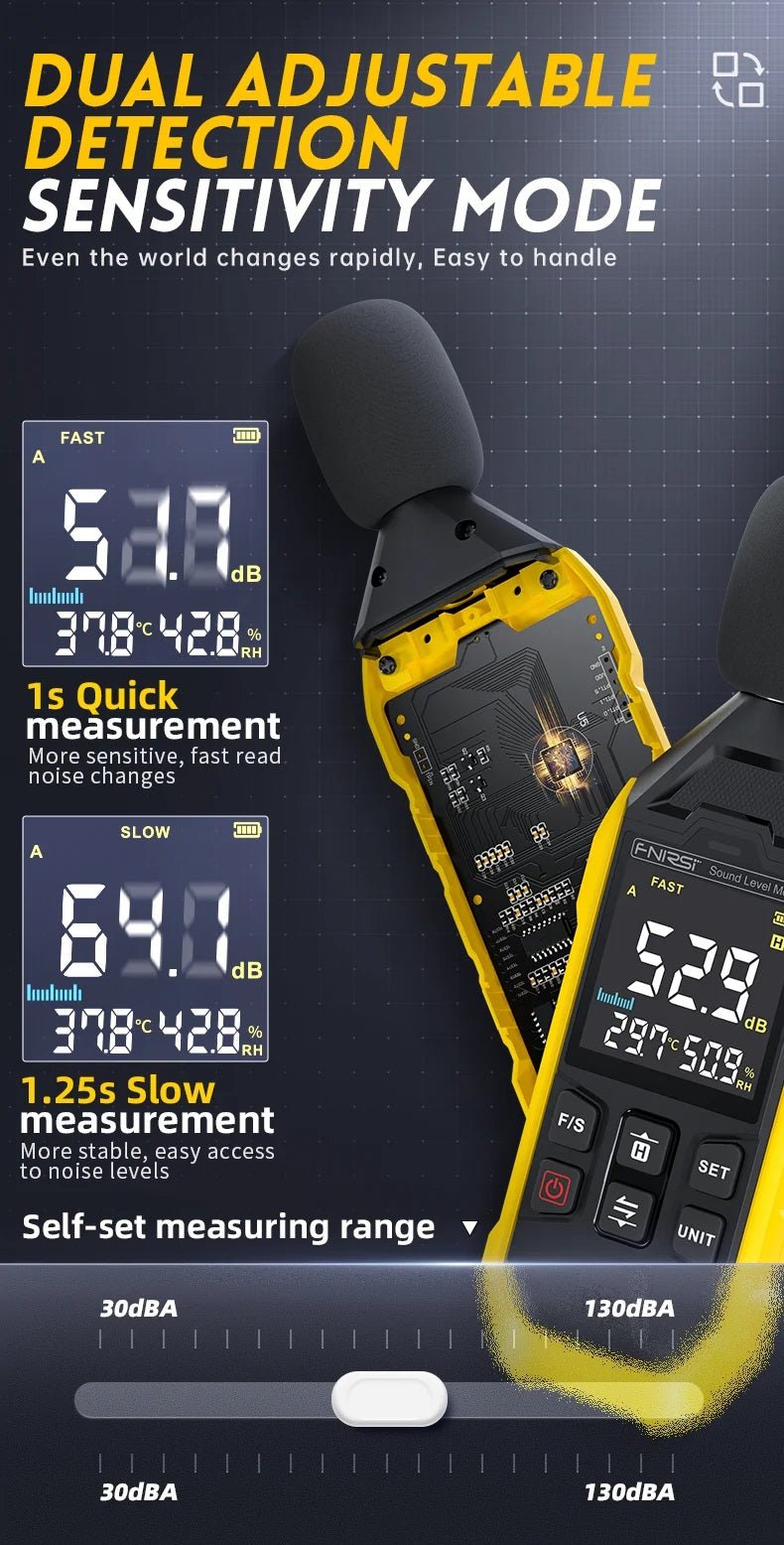 Image of FNIRSI digital noise decibel meter showcasing dual detection sensitivity modes with measurements and self-set range.