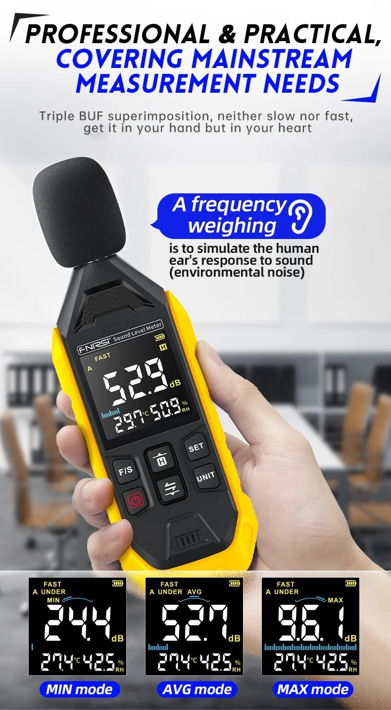 FNIRSI High-Precision Digital Noise Decibel Meter displaying dB levels, perfect for noise measurement in various environments.