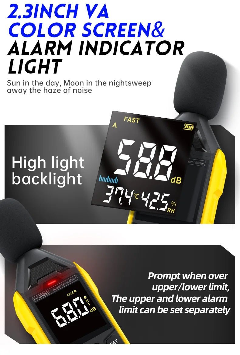 FNIRSI High-Precision Digital Noise Decibel Meter display with color screen showing 58.6 dB and alarm indicator features.