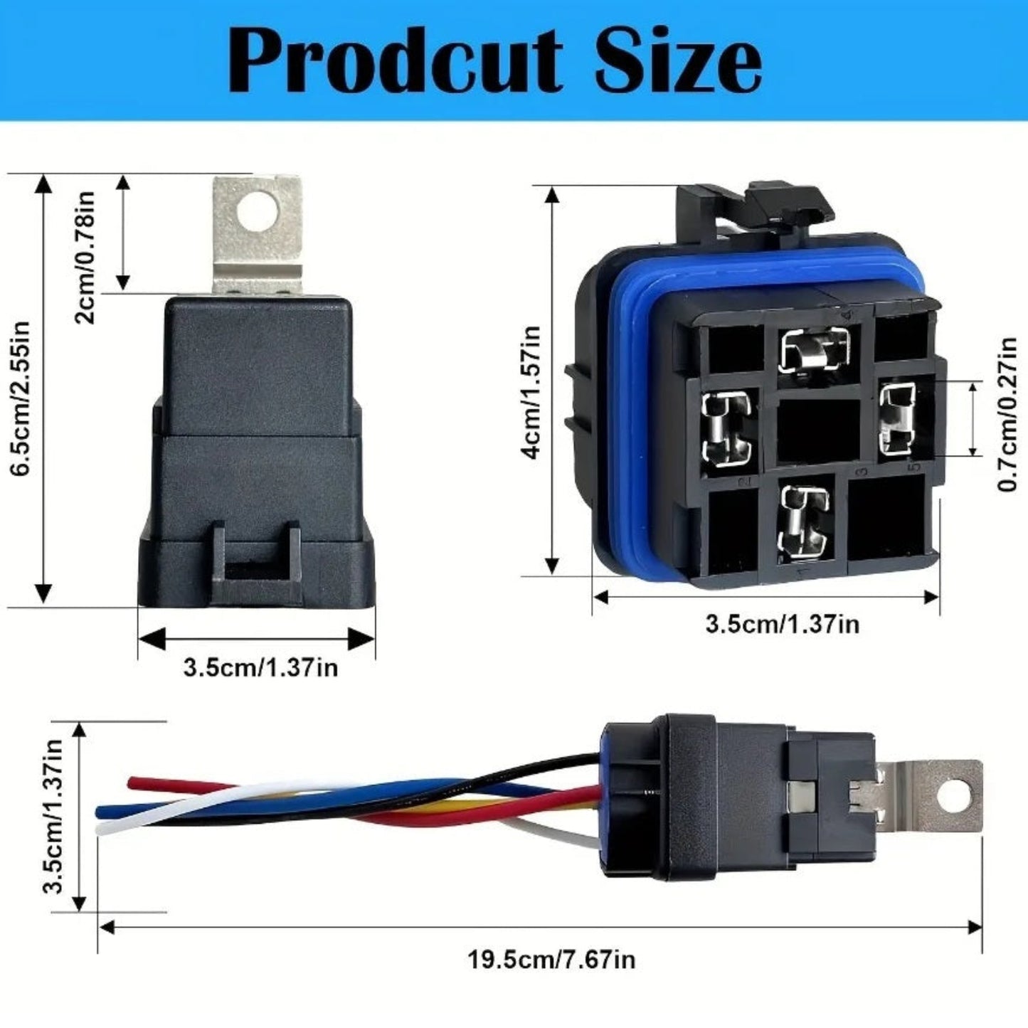 Detailed dimensions of the 80A waterproof automotive relay and its corresponding harness socket.