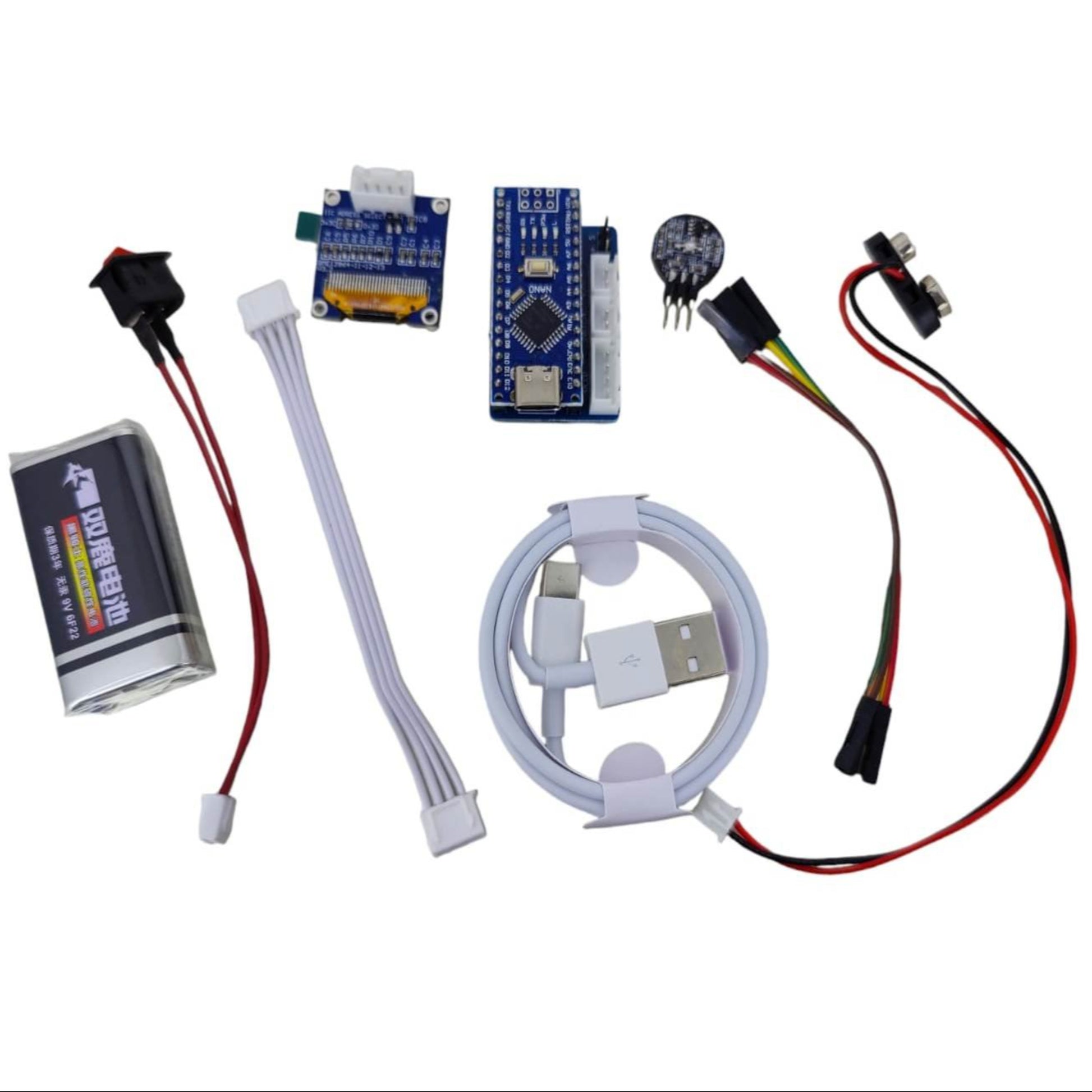 Heart Rate Monitoring Module for Arduino kit including components like LEDs, battery, and connection cables for DIY projects.