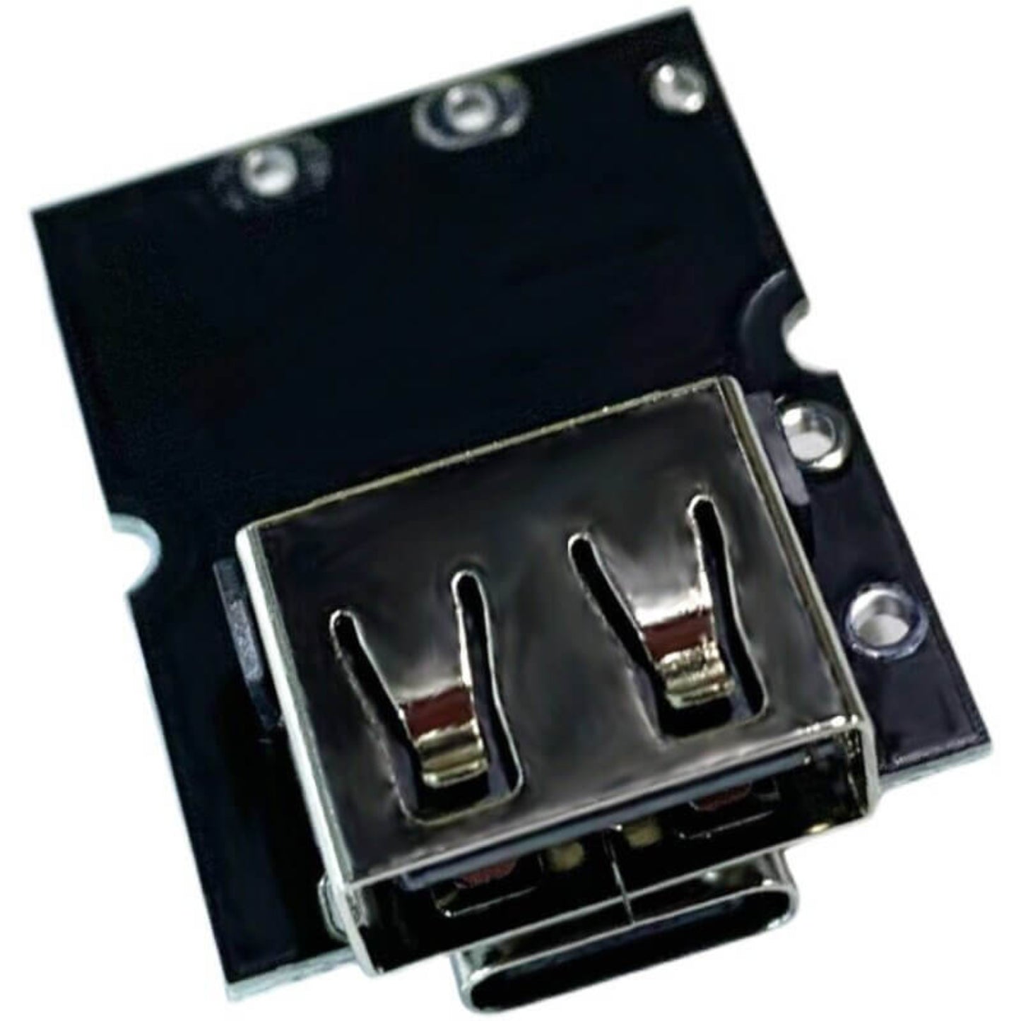 Close-up of USB-A socket with Type-C input on an integrated charge-discharge module for lithium battery.