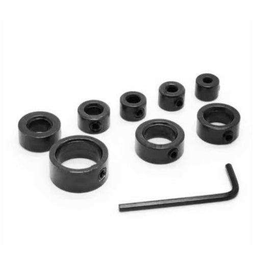 Drill Stop Bit Collar Set with 8 adjustable limit rings and an Allen wrench for precise depth measurement in woodworking.