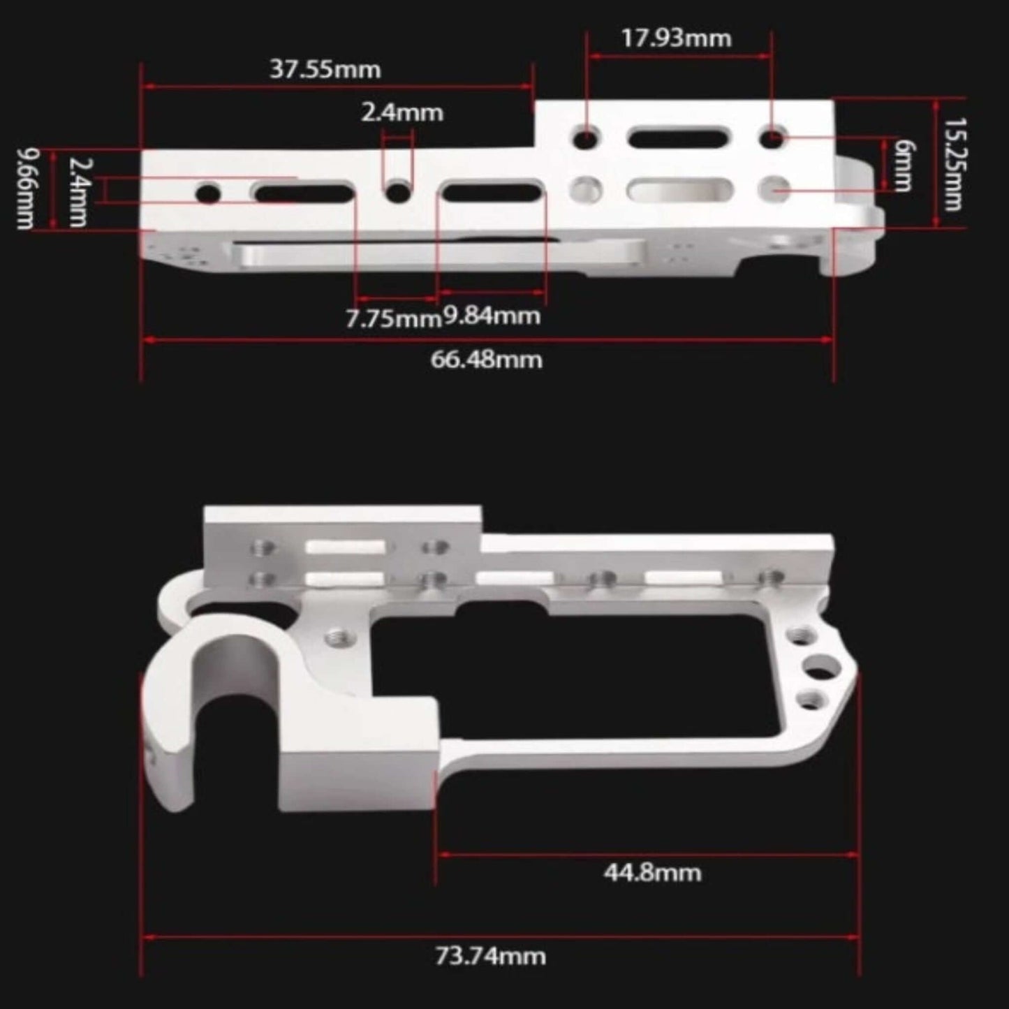 Precise dimensions of the drone throw device aluminum bracket, showing various hole and edge measurements.
