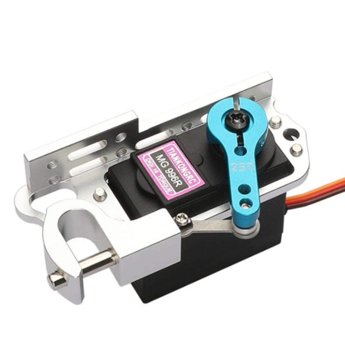 Assembled drone throw device with MG996R servo and blue 25T servo arm, ideal for RC vehicles and drones.