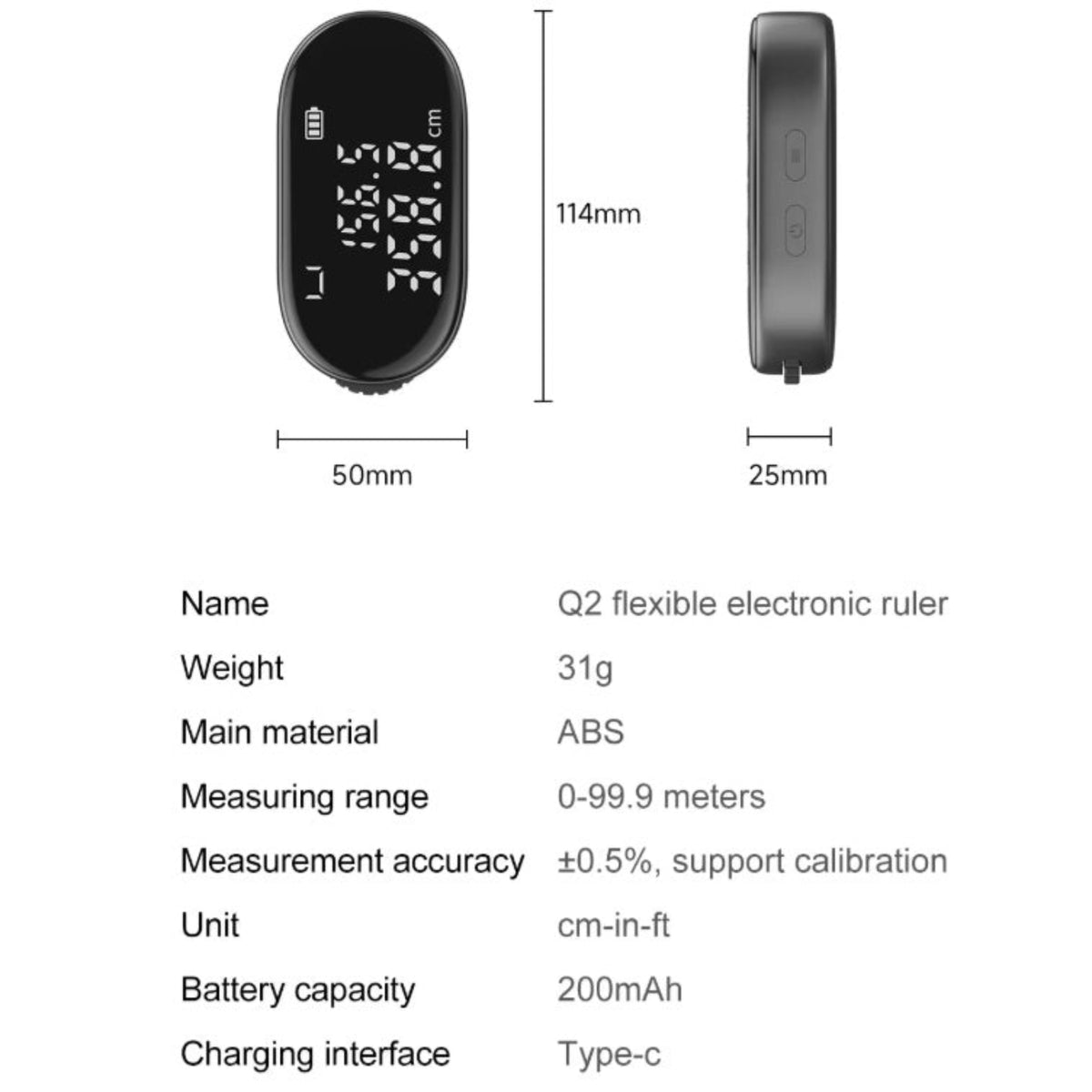 Dimensions diagram and technical specifications for DUKA ATuMan Q2 electronic ruler.
