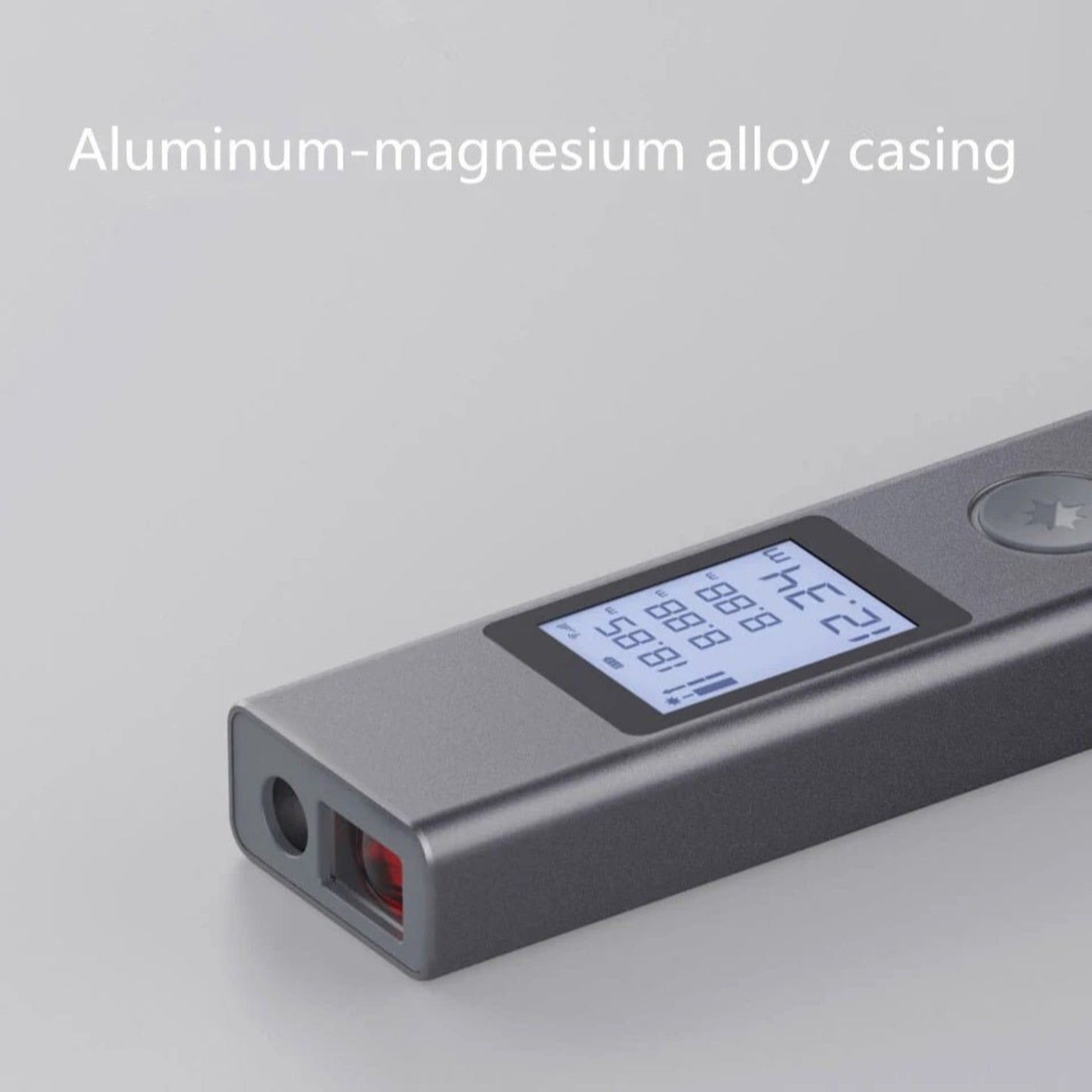 DUKA LS-P Laser Measure showing aluminum-magnesium alloy casing and digital display.