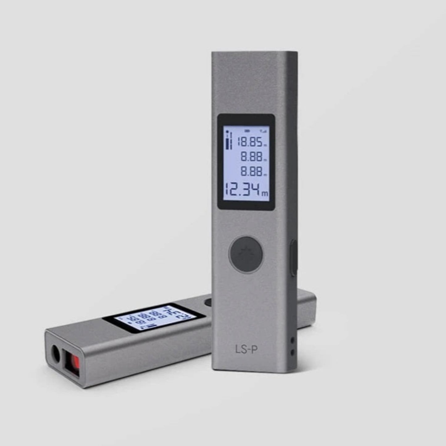 Duka LS-P Laser Measure range finder with LCD display, showing precision measurements and key functions.