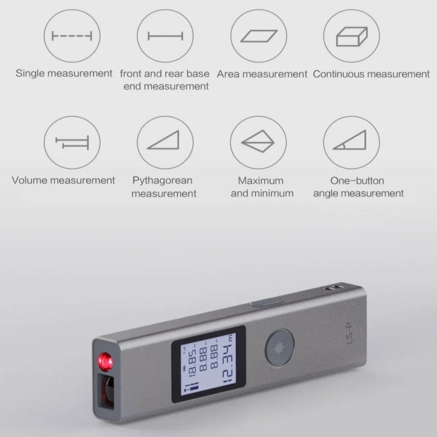 Duka LS-P laser range finder with LCD display, showing measurement modes: single, area, volume, Pythagorean, and continuous.