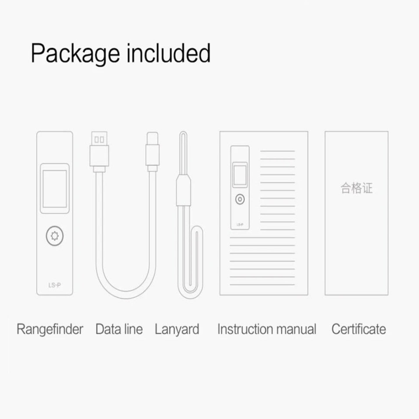 Duka LS-P laser range finder package contents including rangefinder, data line, lanyard, instruction manual, and certificate.